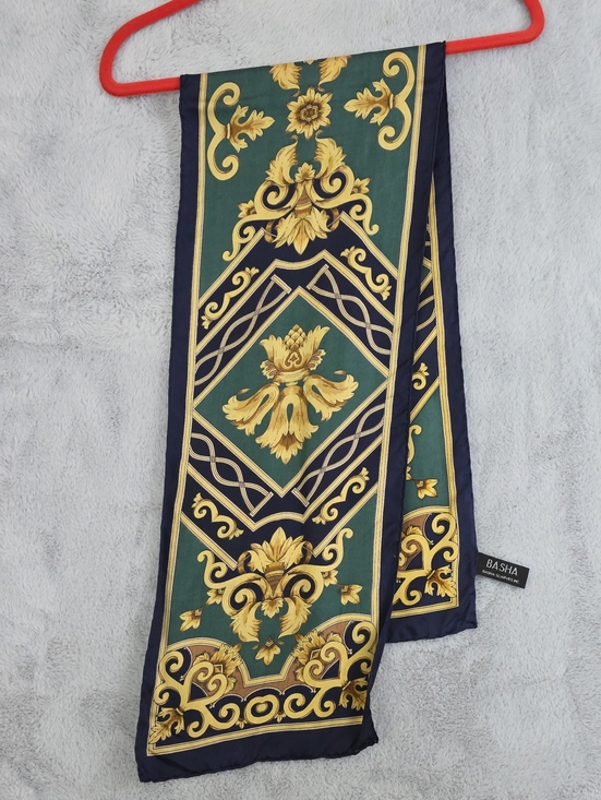 Basha Accessories - Basha Baroque Print Oblong Scarf Navy Green Gold Silk